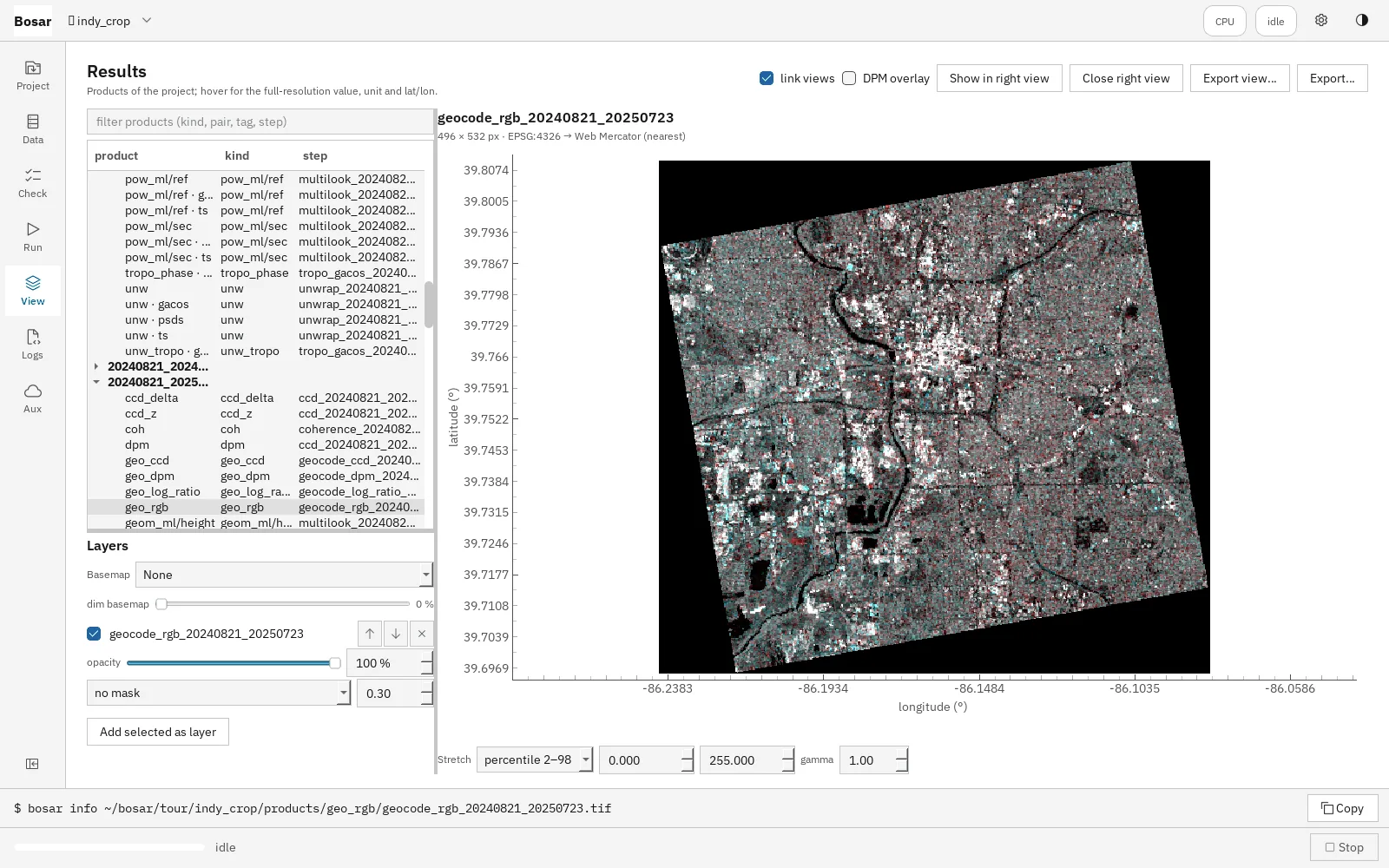 Bosar pre- and post-event radar amplitude composite of Indianapolis.