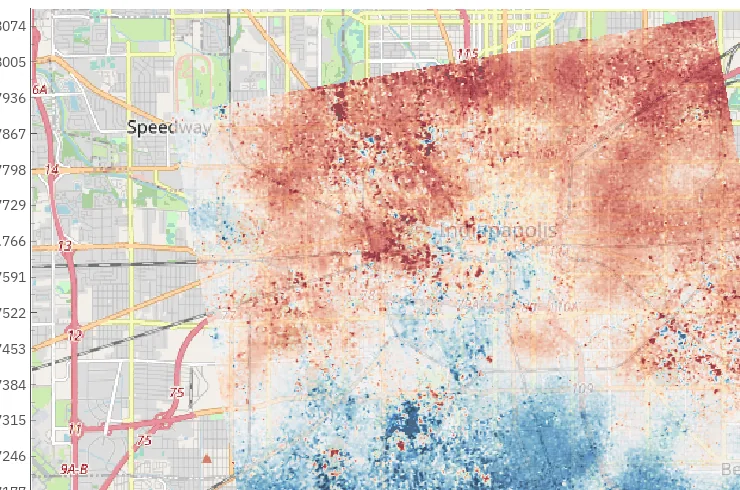 Bosar results view: line-of-sight displacement from a Sentinel-1 interferometric pair over downtown Indianapolis, drawn over OpenStreetMap.