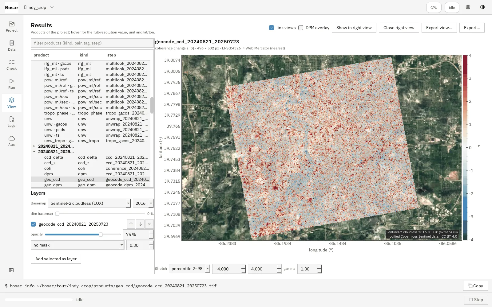 Bosar coherence-change z map over a Sentinel-2 cloudless mosaic of Indianapolis.