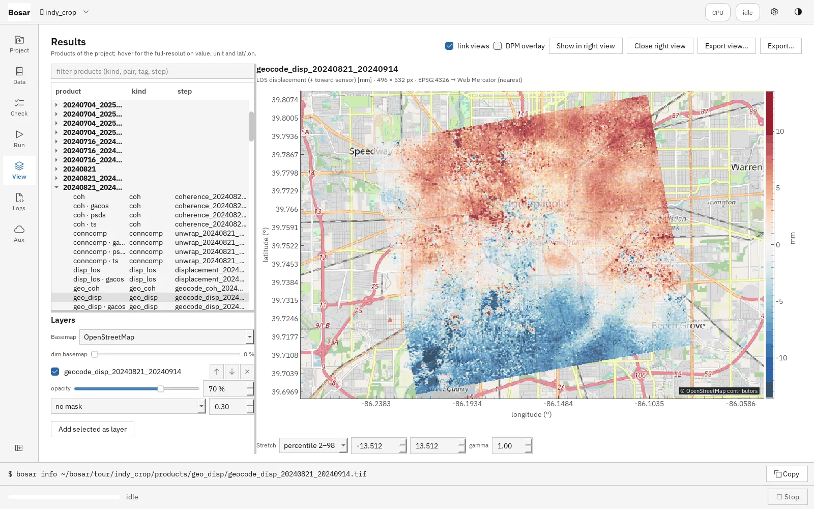 Bosar results page showing line-of-sight displacement from a 24-day Sentinel-1 interferometric pair over downtown Indianapolis.