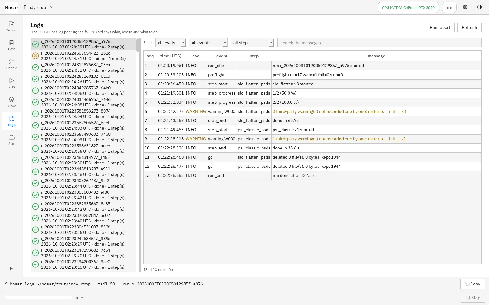 Bosar Logs page listing runs with UTC timestamps and the records of one run: step, level, event and message.