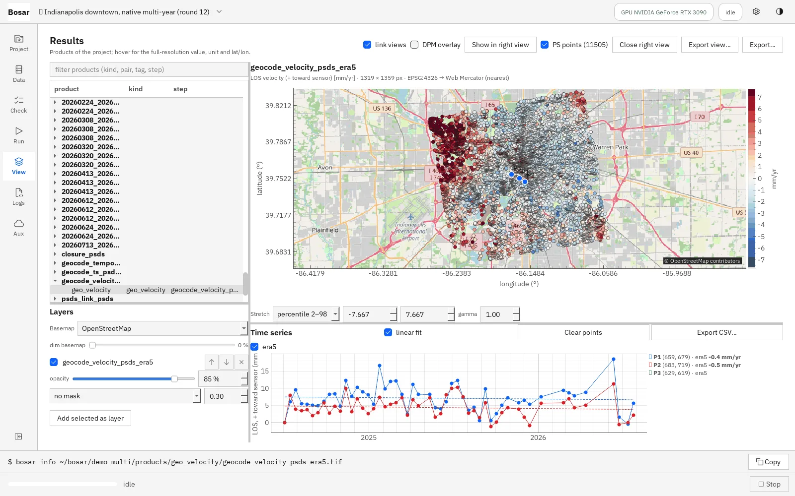 Two years of PS/DS velocity over downtown Indianapolis from a 52-date native Sentinel-1 stack, with displacement histories of selected pixels.