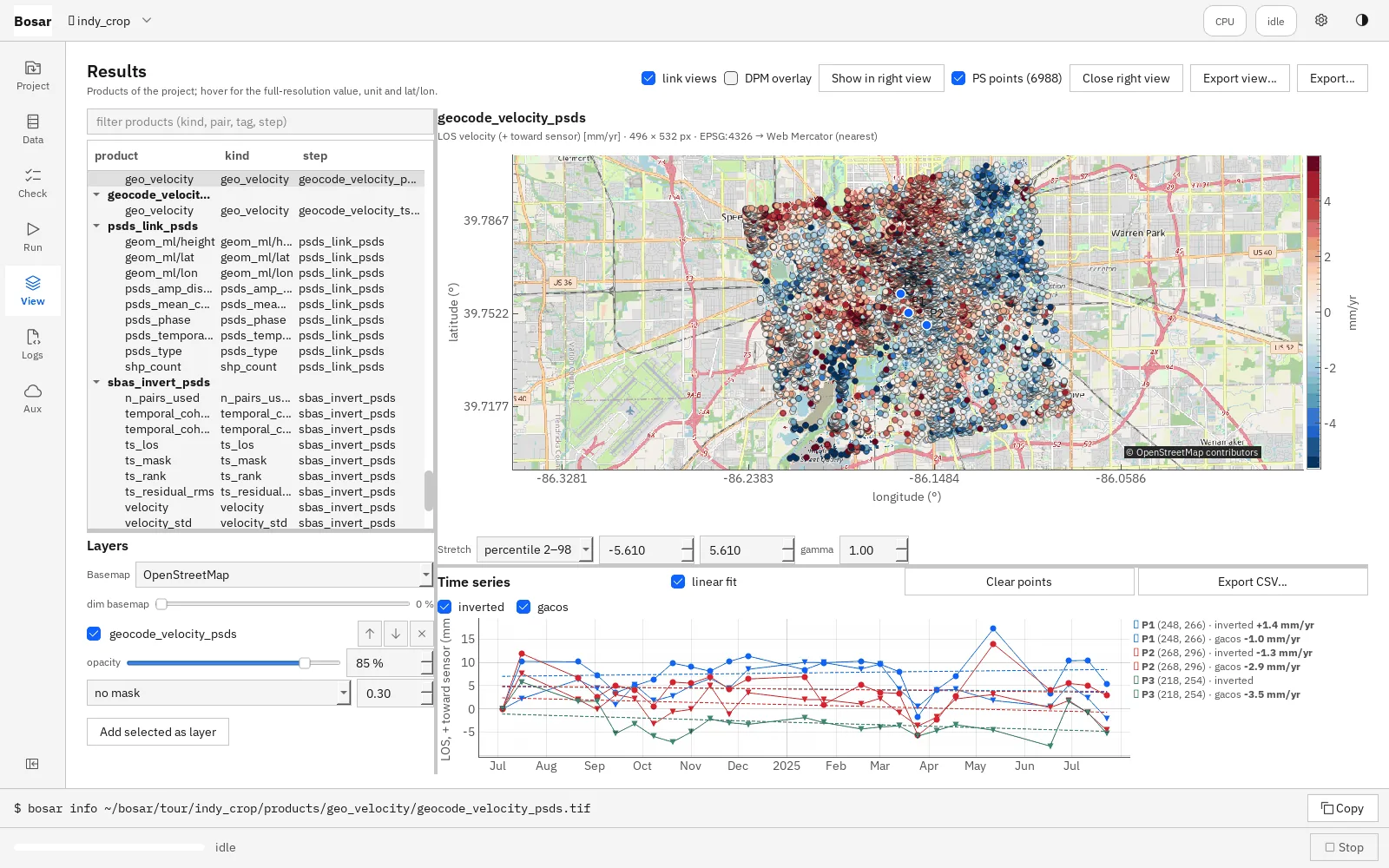 Bosar PS/DS velocity map with persistent scatterers as points, a quality verdict, and displacement histories of selected pixels.