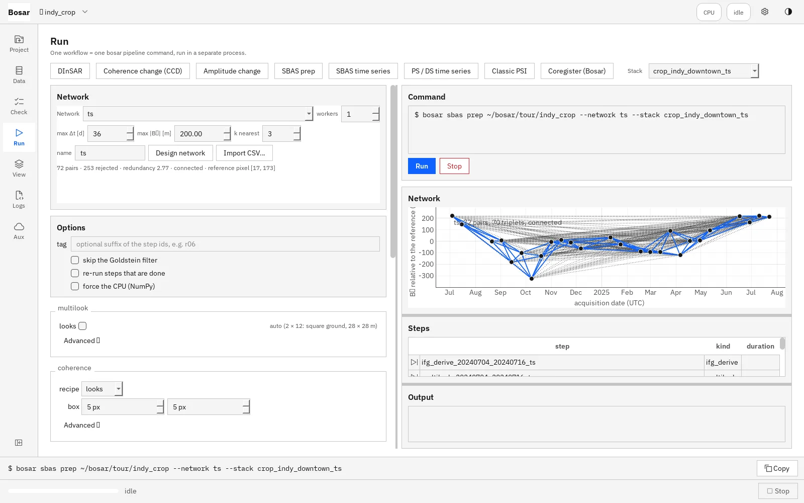 Bosar SBAS network design page with the plot of selected interferometric pairs.