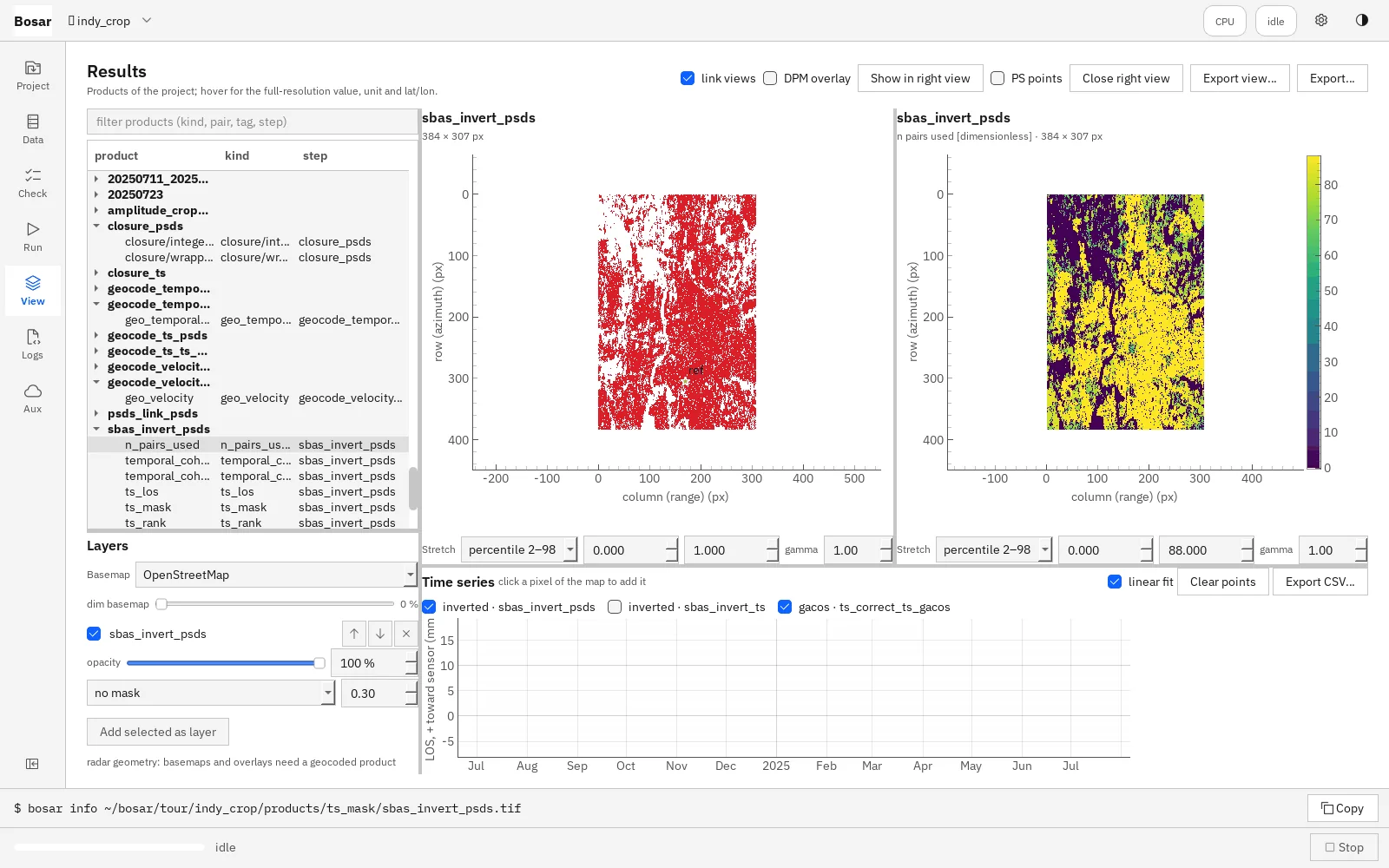 Bosar SBAS quality layers in radar geometry: a pixel mask and the number of pairs used per pixel.