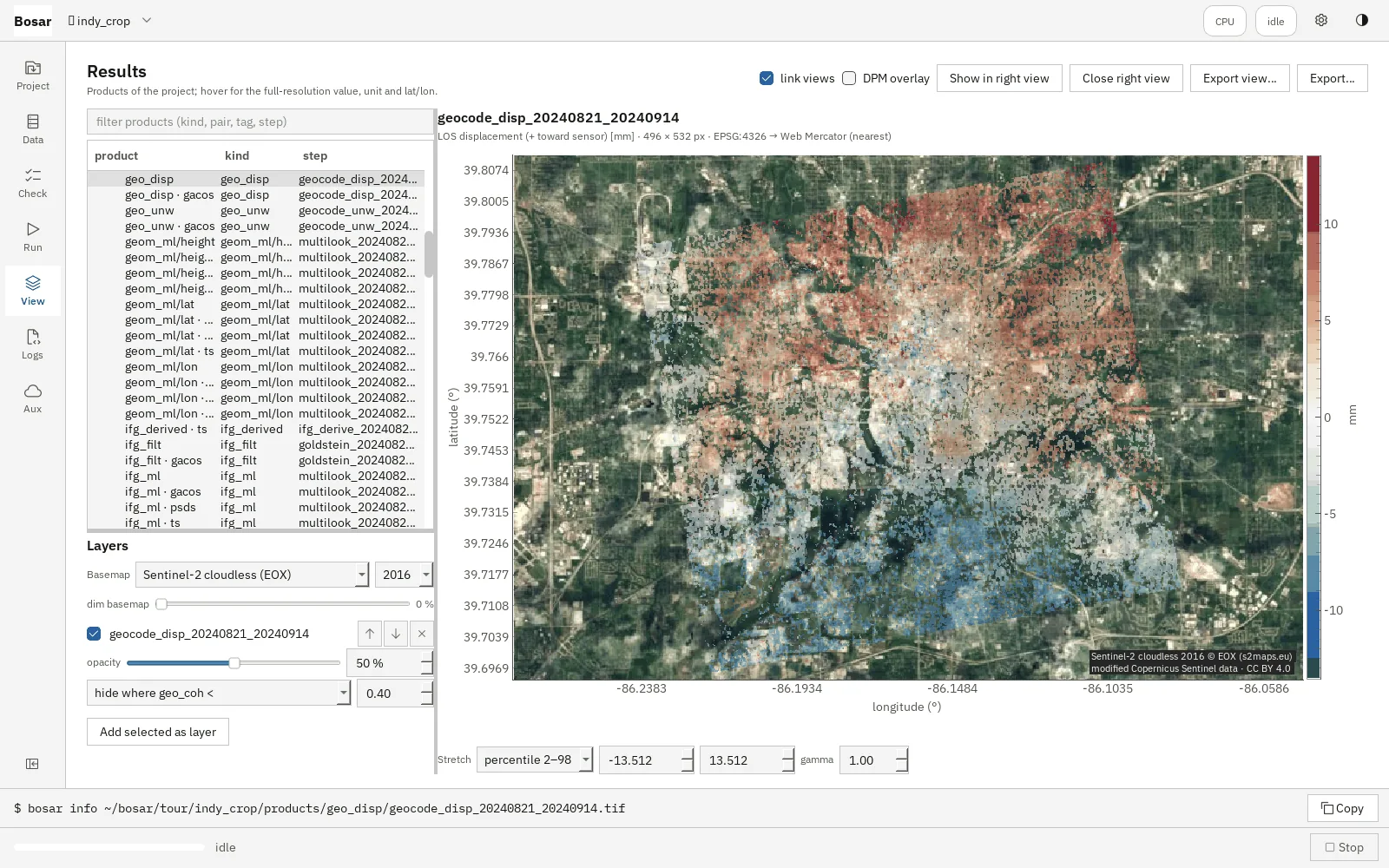 Bosar map viewer with displacement drawn at half opacity over a Sentinel-2 cloudless basemap and hidden where coherence is low.