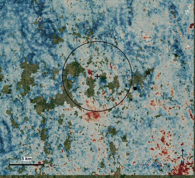 Mean line-of-sight velocity around the Barapukuria coal mine, Bangladesh, draped on satellite imagery, with buffers around the mine centre.