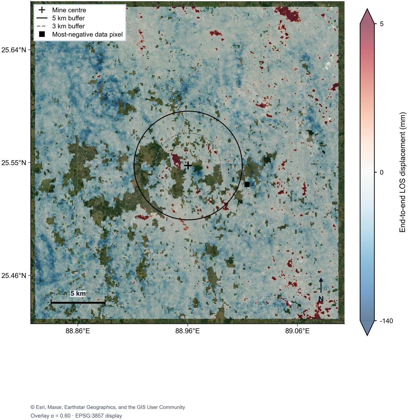 Cumulative line-of-sight displacement around Barapukuria from 2020 to 2023, deepest in farmland south-west of the mine.