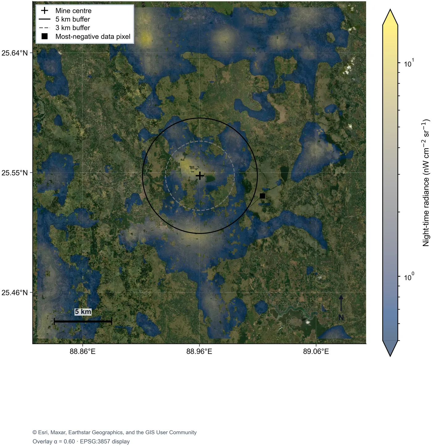 Dry-season night-time radiance in 2023 around Barapukuria, showing one bright core at the power plant and a dim hinterland.