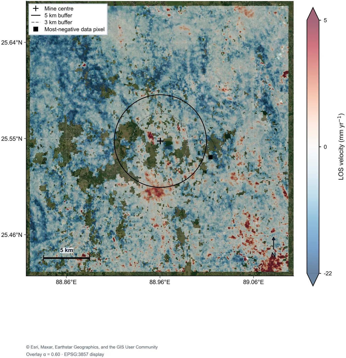 Mean line-of-sight velocity around the Barapukuria coal mine, 2020 to 2023, draped on satellite imagery; blue subsidence is widespread across the farmland.