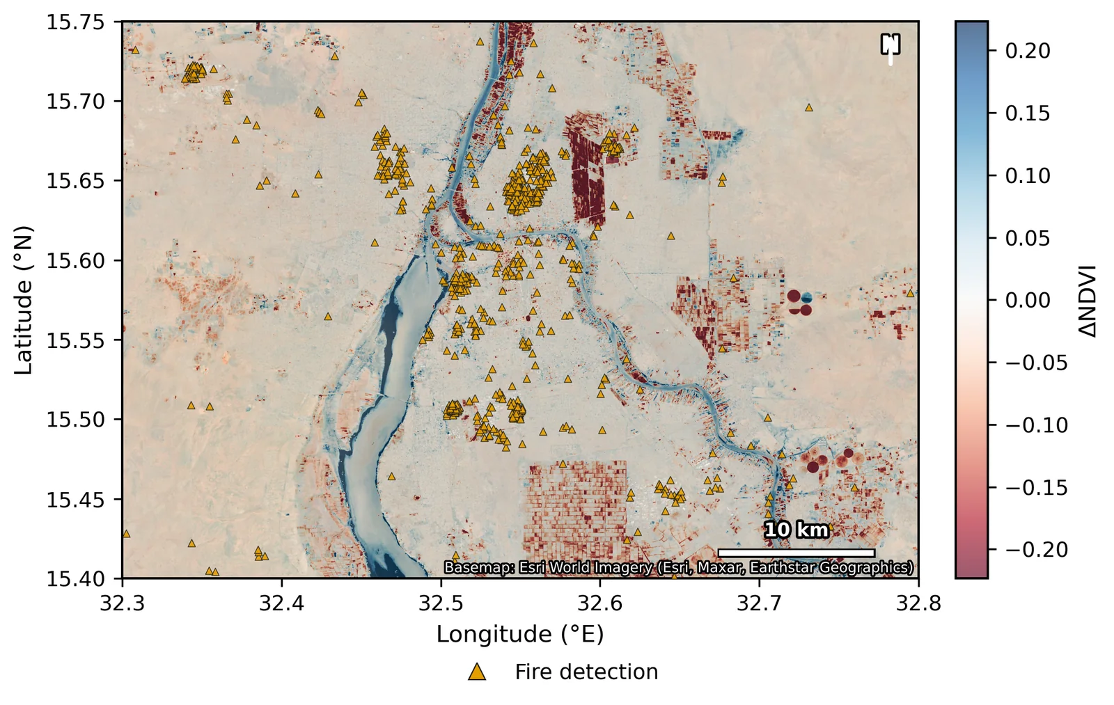 Map of vegetation change in Khartoum with fire detections as orange triangles; losses concentrate along the Nile farm belt.