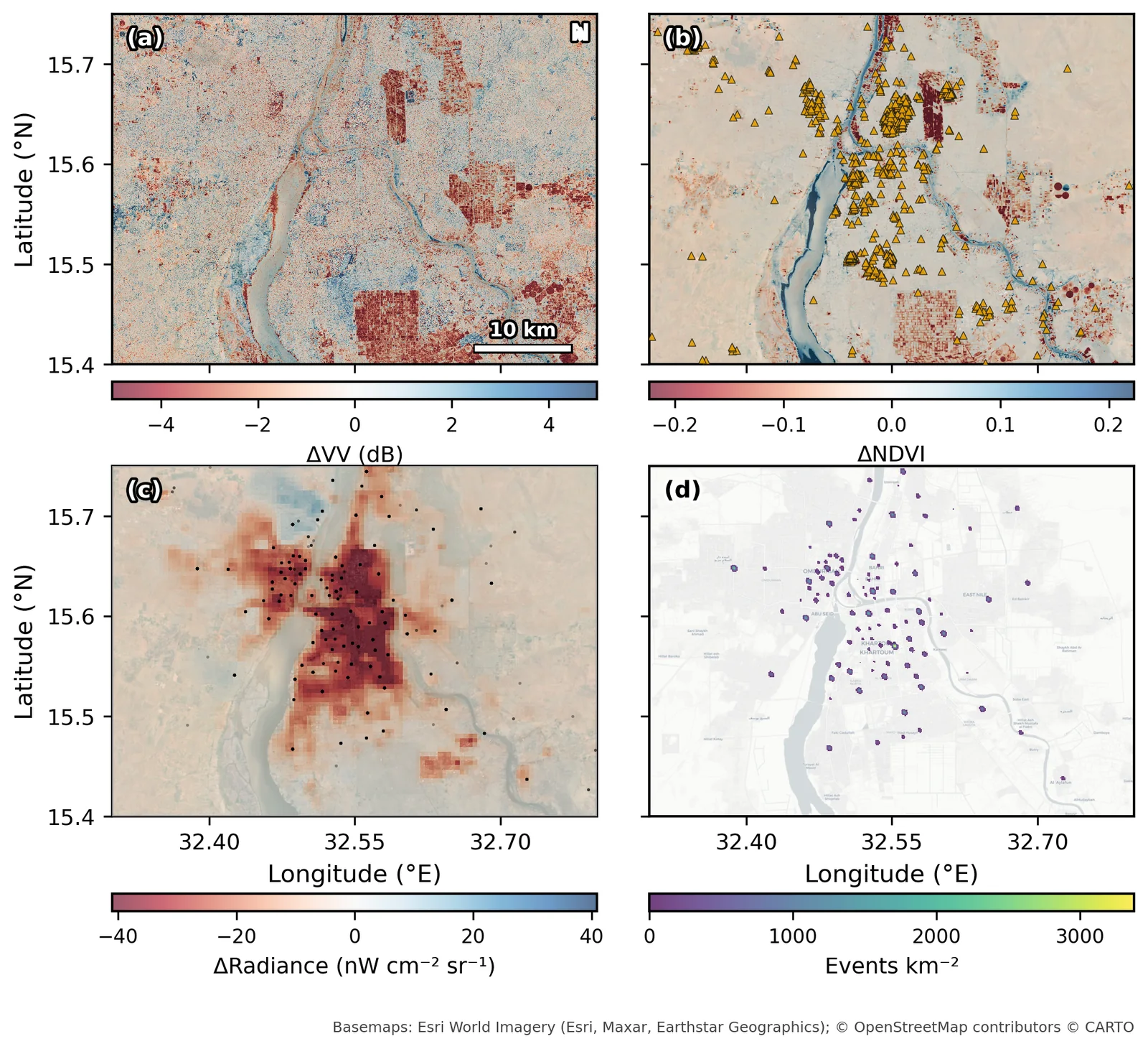Four-panel composite of the Khartoum metropolitan area: radar backscatter change, vegetation change with fires, night-light change, and conflict-event density.